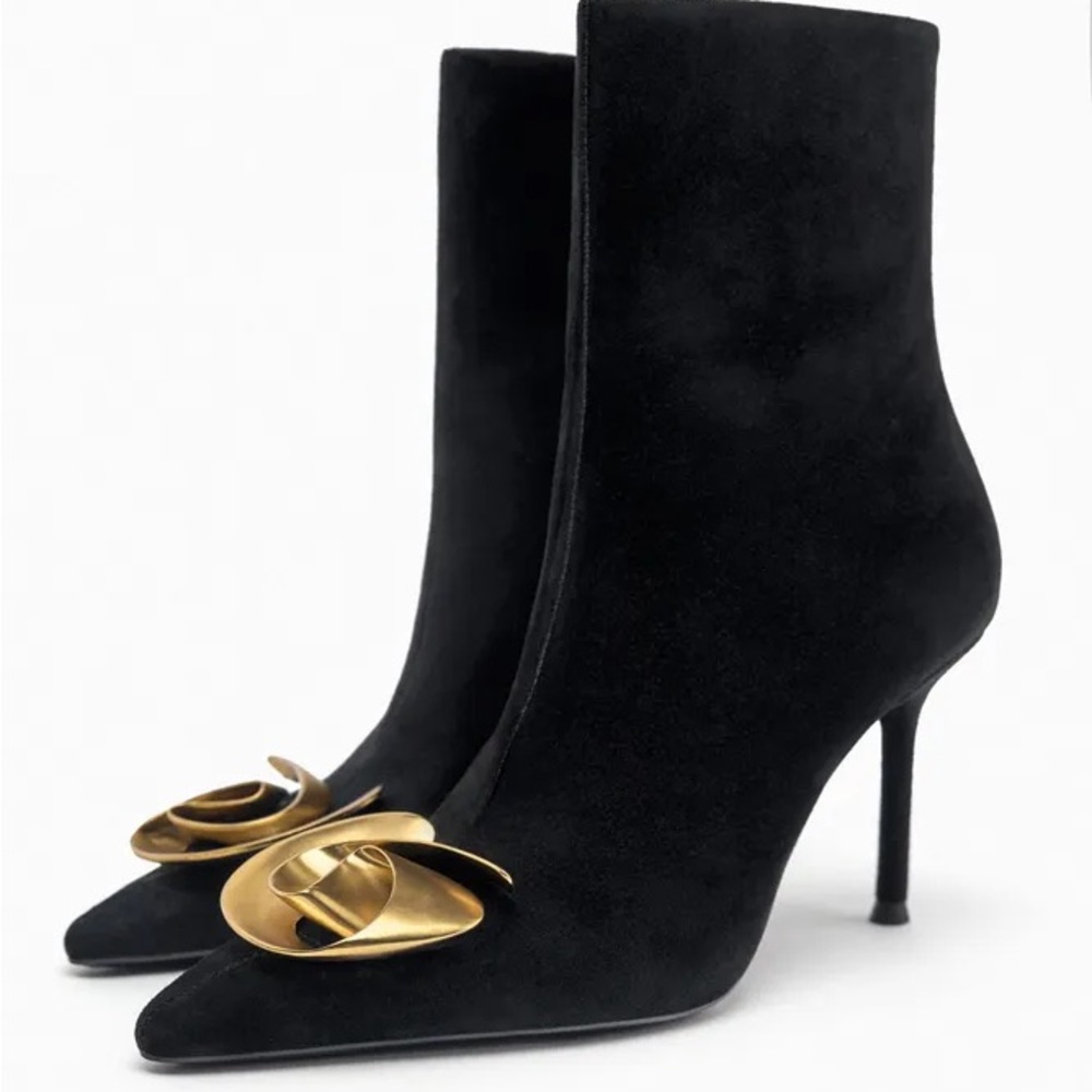 Zara Leather Ankle Boots with Gold Flower